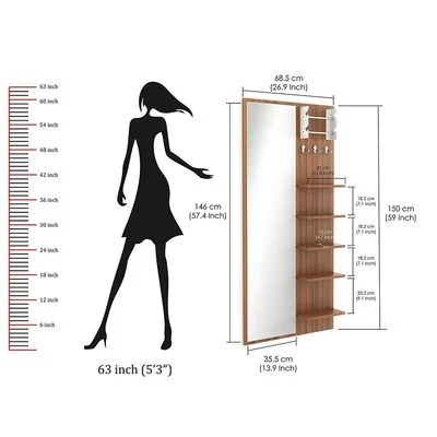 Freddie Engineered Wood Wall Mount Dressing Table Mirror with Shelves-Walnut - Image 3