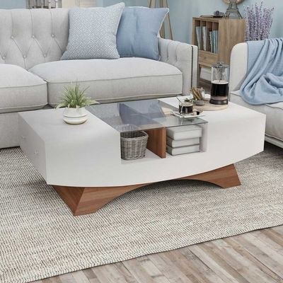 2-Drawer Contemporary Coffee Table - Sleek White Center Table for Living Room - Modern Minimalist Design - Durable Wooden Construction - Space-Saving Table with Hidden Storage - Ideal for Homes & Apartments