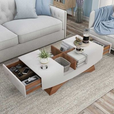 2-Drawer Contemporary Coffee Table - Sleek White Center Table for Living Room - Modern Minimalist Design - Durable Wooden Construction - Space-Saving Table with Hidden Storage - Ideal for Homes & Apartments - Image 5