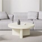Nesnesis White Fluted Coffee Table-Modern Round Center Table with Fluted Base-Elegant Minimalist Design for Living Room