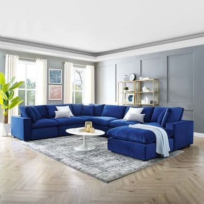 Commix Softer Microfiber-Filled Overstuffed Performance 7-Piece Sectional Sofa Navy Blue-Plush Upholstered Modular Sofa with Microfiber Filling-Extra Comfortable Overstuffed Cushions-Durable Performance Fabric for Easy Maintenance-Spacious 7-Piece Sectional Design-Sturdy Frame Construction