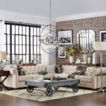 Tufted Scroll Arm Chesterfield 7-seat L-shaped Sectional Sofa in Beige Color