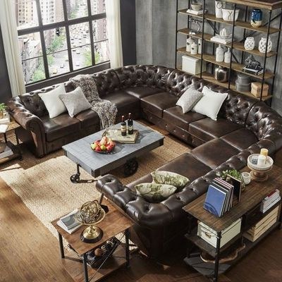 Tufted Scroll Arm Chesterfield 11-seat U-shaped Sectional Sofa-Brown