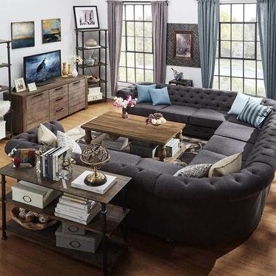Tufted Scroll Arm Chesterfield 11-seat U-shaped Sectional Sofa-Charcoal