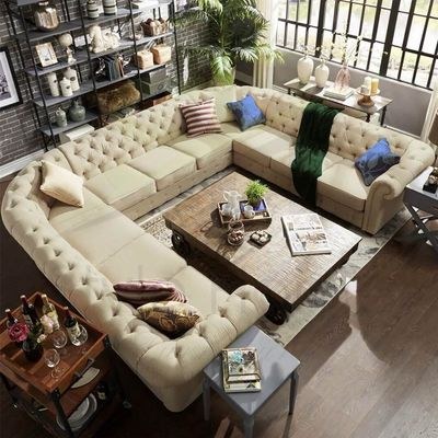 Tufted Scroll Arm Chesterfield 11-seat U-shaped Sectional Sofa-Beige