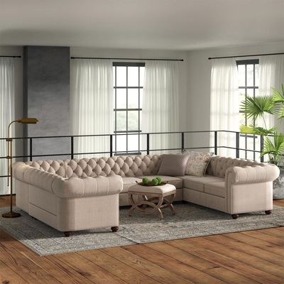 Tufted Scroll Arm Chesterfield 11-seat U-shaped Sectional Sofa-Beige - Image 2