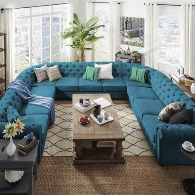 Tufted Scroll Arm Chesterfield 11-seat U-shaped Sectional Sofa-Teal