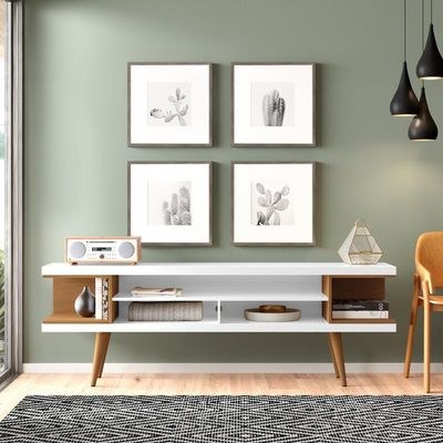 Michaelson TV Stand for TVs up to 65 Inch-White & Brown-Modern Entertainment Console-Stylish Media Unit with Open Shelves & Storage-Durable Design for Living Room or TV Area-Supports Flat-Screen TVs up to 65 Inches-Contemporary Finish