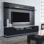 Vanderbilt TV Stand and Cabrini 2.2 Floating Wall TV Panel with LED Lights in Black Gloss and Black Matte