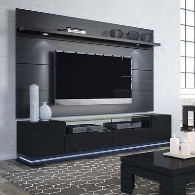 Vanderbilt TV Stand and Cabrini 2.2 Floating Wall TV Panel with LED Lights in Black Gloss and Black Matte