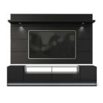 Vanderbilt TV Stand and Cabrini 2.2 Floating Wall TV Panel with LED Lights in Black Gloss and Black Matte