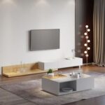 Kayla Rectangle Wood Extendable TV Stand-Oak and White-Modern Adjustable Entertainment Console-Stylish Two-Tone Design with Oak and White Finish-Extendable Length for Versatile TV Sizes-Durable Construction with Storage Cabinets and Open Shelves