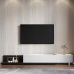 Kayla Rectangle Wood Extendable TV Stand-Black & White-Modern Adjustable Entertainment Console-Stylish Two-Tone Design with Oak and White Finish-Extendable Length for Versatile TV Sizes-Durable Construction with Storage Cabinets and Open Shelves