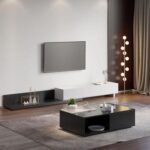 Kayla Rectangle Wood Extendable TV Stand-Black & White-Modern Adjustable Entertainment Console-Stylish Two-Tone Design with Oak and White Finish-Extendable Length for Versatile TV Sizes-Durable Construction with Storage Cabinets and Open Shelves
