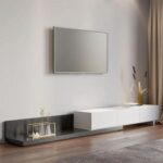 Kayla Rectangle Wood Extendable TV Stand-Black & White-Modern Adjustable Entertainment Console-Stylish Two-Tone Design with Oak and White Finish-Extendable Length for Versatile TV Sizes-Durable Construction with Storage Cabinets and Open Shelves