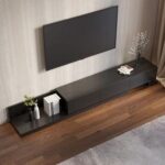 Kayla Rectangle Wood Extendable TV Stand-Black-Modern Adjustable Entertainment Console-Stylish Two-Tone Design with Oak and White Finish-Extendable Length for Versatile TV Sizes-Durable Construction with Storage Cabinets and Open Shelves
