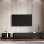Kayla Rectangle Wood Extendable TV Stand-Black-Modern Adjustable Entertainment Console-Stylish Two-Tone Design with Oak and White Finish-Extendable Length for Versatile TV Sizes-Durable Construction with Storage Cabinets and Open Shelves