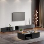 Kayla Rectangle Wood Extendable TV Stand-Black-Modern Adjustable Entertainment Console-Stylish Two-Tone Design with Oak and White Finish-Extendable Length for Versatile TV Sizes-Durable Construction with Storage Cabinets and Open Shelves