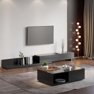 Kayla Rectangle Wood Extendable TV Stand-Black-Modern Adjustable Entertainment Console-Stylish Two-Tone Design with Oak and White Finish-Extendable Length for Versatile TV Sizes-Durable Construction with Storage Cabinets and Open Shelves - Image 3