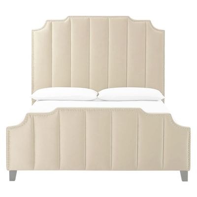 Lucille Performance Velvet Platform Medium Size Bed Frame Beige Bed Frame Standard Size - Elegant Upholstered Bed with Vertical Stitching - Modern Design with Padded Headboard - Sturdy Base - Soft Fabric Finish - Ideal for Bedrooms & Villas