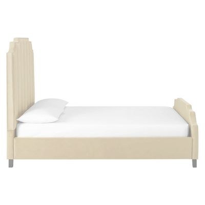 Lucille Performance Velvet Platform Medium Size Bed Frame Beige Bed Frame Standard Size - Elegant Upholstered Bed with Vertical Stitching - Modern Design with Padded Headboard - Sturdy Base - Soft Fabric Finish - Ideal for Bedrooms & Villas - Image 2