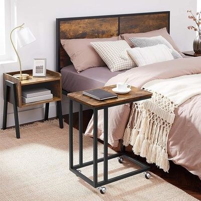 Vasagle Dark Brown and Black LNT50X End Table with Rolling Casters Industrial Side Coffee Laptop Mobile Table Steel Frame for Living Room, Bedroom, Office (50x35x60cm) - Image 4