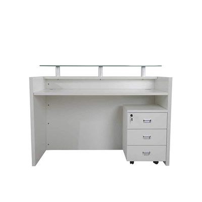 Modern Executive Reception Desk, Office Reception Desk with Glass top and Lockable Drawers - 140cm - White