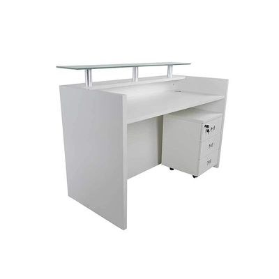 Modern Executive Reception Desk, Office Reception Desk with Glass top and Lockable Drawers - 140cm - White - Image 3
