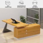 L-Shaped Executive Desk Modern Conference Executive Desk Office Desk With Lockable Drawers And Cabinet - Light Walnut