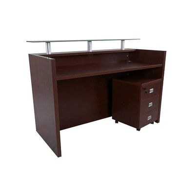 R06 Modern Reception Counter Desk with Floating Glass Top, Storage Feature Front Office Desk, Lockable 3 Storage Section, 160cm (Apple Cherry) - Image 4