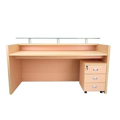 R06 Modern Reception Counter Desk with Floating Glass Top, Storage Feature Front Office Desk, Lockable 3 Storage Section, 180cm (Oak) - Image 5