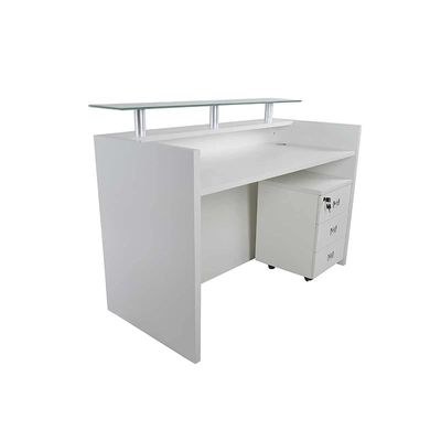 R06 Modern Reception Counter Desk Without Drawer, Front Office Desk with Floating Glass Top, 120cm (Apple Cherry) - Image 4