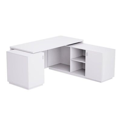 Specialties L Shaped Workstation Table with Storage Shelves and Cabinet for Home & Office - Contemporary Style L Shaped Computer Desk Premium White