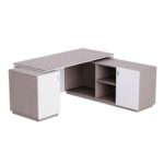 Specialties L Shaped Workstation Table with Storage Shelves and Cabinet for Home & Office - Contemporary Style L Shaped Computer Desk Light Concrete-Premium White