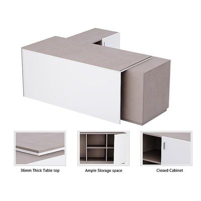 Specialties L Shaped Workstation Table with Storage Shelves and Cabinet for Home & Office - Contemporary Style L Shaped Computer Desk Light Concrete-Premium White - Image 2
