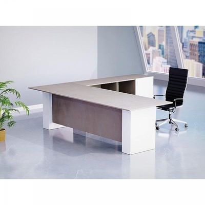L Shaped Workstation Table with Storage Shelves and Cabinet for Home & Office Used L Shaped Computer (Light Concrete/White)