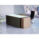 Specialties L Shaped Glass Executive Table with Storage Shelves and Cabinet for Home & Office Contemporary Style L Shaped Computer Desk - Truffle Davos Oak/Grey