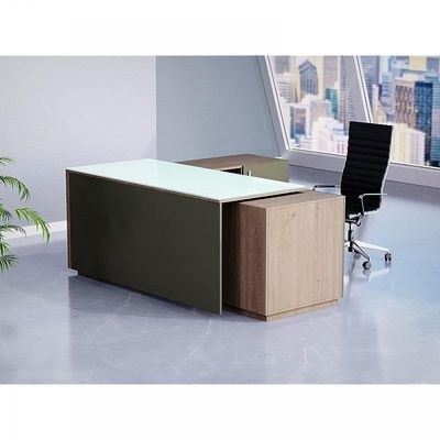 Specialties L Shaped Glass Executive Table with Storage Shelves and Cabinet for Home & Office Contemporary Style L Shaped Computer Desk - Truffle Davos Oak/Grey