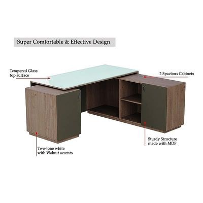 Specialties L Shaped Glass Executive Table with Storage Shelves and Cabinet for Home & Office Contemporary Style L Shaped Computer Desk - Truffle Davos Oak/Grey - Image 2