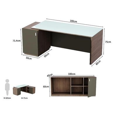 Specialties L Shaped Glass Executive Table with Storage Shelves and Cabinet for Home & Office Contemporary Style L Shaped Computer Desk - Truffle Davos Oak/Grey - Image 3
