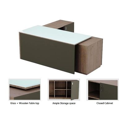 Specialties L Shaped Glass Executive Table with Storage Shelves and Cabinet for Home & Office Contemporary Style L Shaped Computer Desk - Truffle Davos Oak/Grey - Image 4