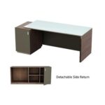 Specialties L Shaped Glass Executive Table with Storage Shelves and Cabinet for Home & Office Contemporary Style L Shaped Computer Desk - Truffle Davos Oak/Grey