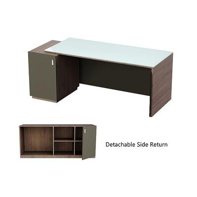 Specialties L Shaped Glass Executive Table with Storage Shelves and Cabinet for Home & Office Contemporary Style L Shaped Computer Desk - Truffle Davos Oak/Grey - Image 5