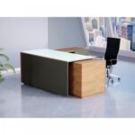 Specialties L Shaped Glass Executive Table with Storage Shelves and Cabinet for Home & Office Contemporary Style L Shaped Computer Desk - Natural Dijon Walnut/Grey