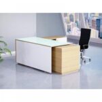 Specialties L Shaped Glass Executive Table with Storage Shelves and Cabinet for Home & Office Contemporary Style L Shaped Computer Desk - Coco Bolo/White