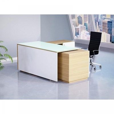 Specialties L Shaped Glass Executive Table with Storage Shelves and Cabinet for Home & Office Contemporary Style L Shaped Computer Desk - Coco Bolo/White