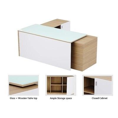 Specialties L Shaped Glass Executive Table with Storage Shelves and Cabinet for Home & Office Contemporary Style L Shaped Computer Desk - Coco Bolo/White - Image 4