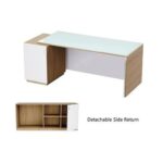 Specialties L Shaped Glass Executive Table with Storage Shelves and Cabinet for Home & Office Contemporary Style L Shaped Computer Desk - Coco Bolo/White