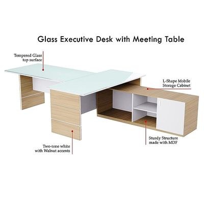 Glass Executive Desk L Shaped Table with Storage Shelves and Cabinet for Desk Sturdy Home Office PC Laptop Workstation Gaming Computer Desk - Coco Bolo/White - Image 2