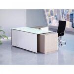 Specialties L Shaped Glass Executive Table with Storage Shelves and Cabinet for Home & Office Contemporary Style L Shaped Computer Desk - Light Concrete/White